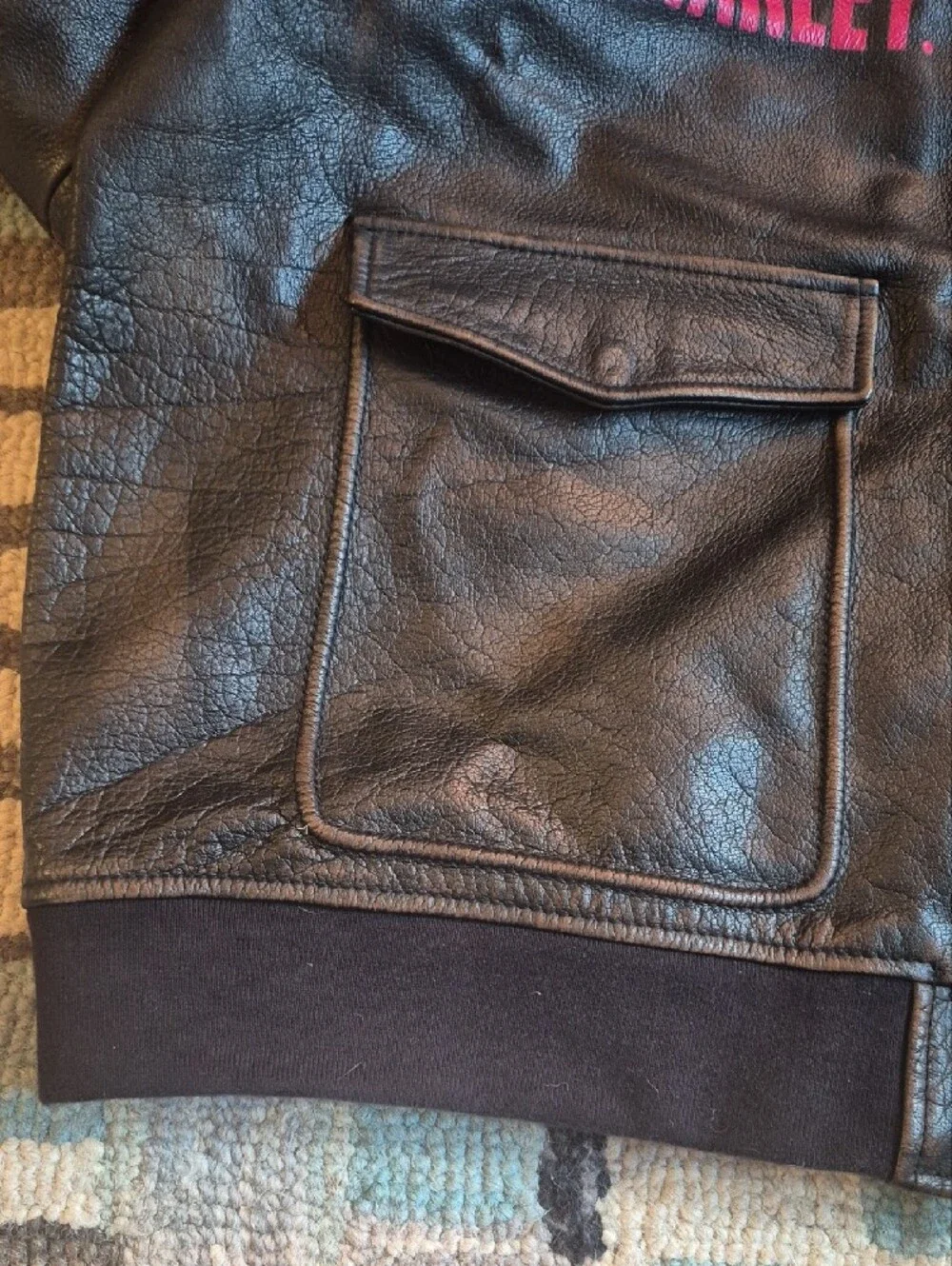 Harley-Davidson Brown Leather Bomber Jacket with Painted Accents And Kustom Kat.